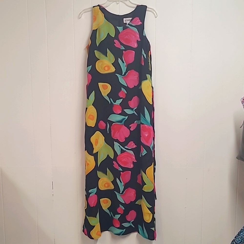 Wearable Art Maxi with Pink and Yellow Florals Lined Size Med Vintage Label